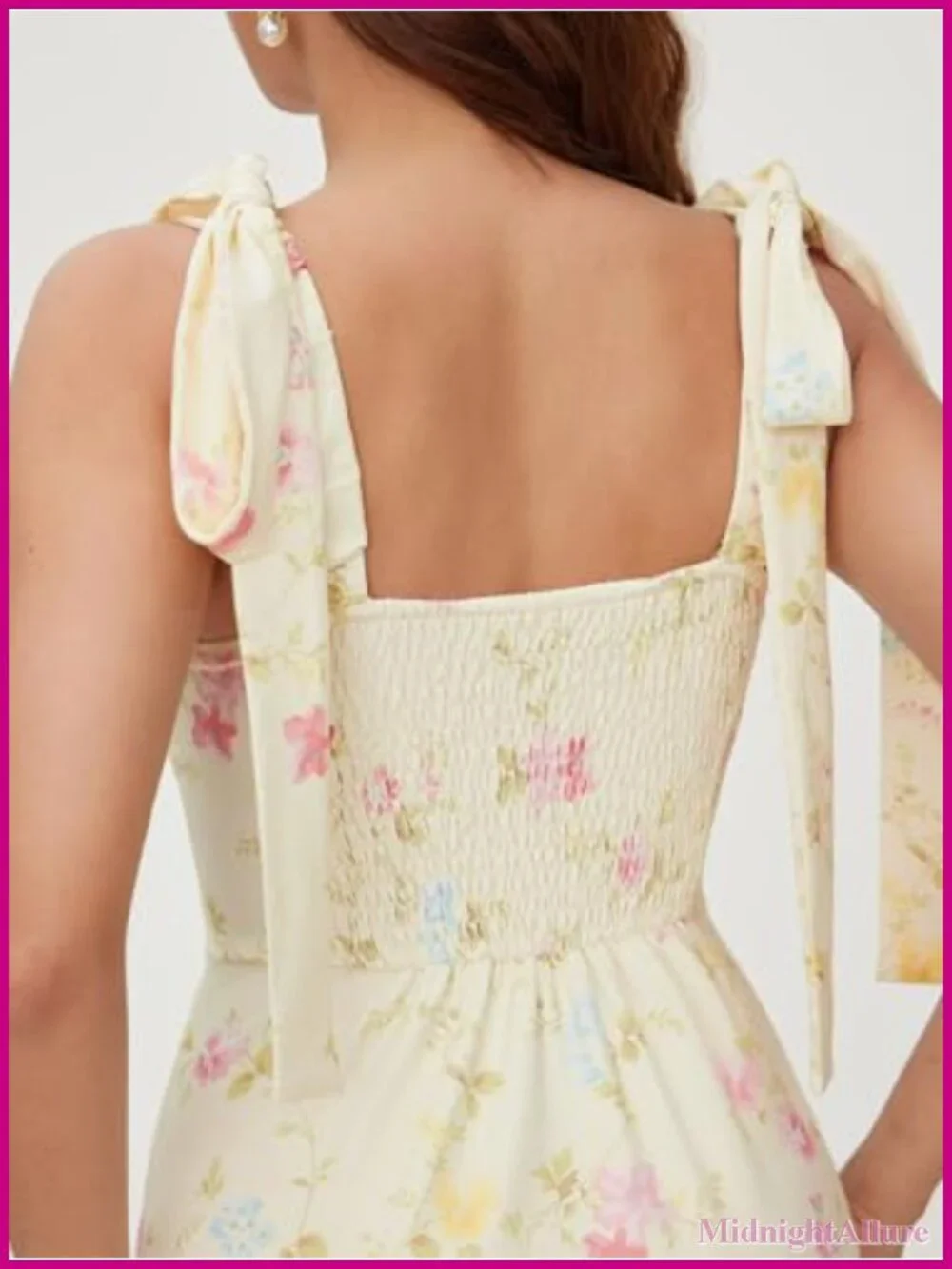 Boho Floral Midi Dress Square Neck Bow Tie Sleeveless Smocked Back A-Line